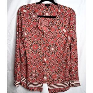 Talbots Womens Size Medium Pink White Geometric Boho Chiffon Long Sleeve Blouse